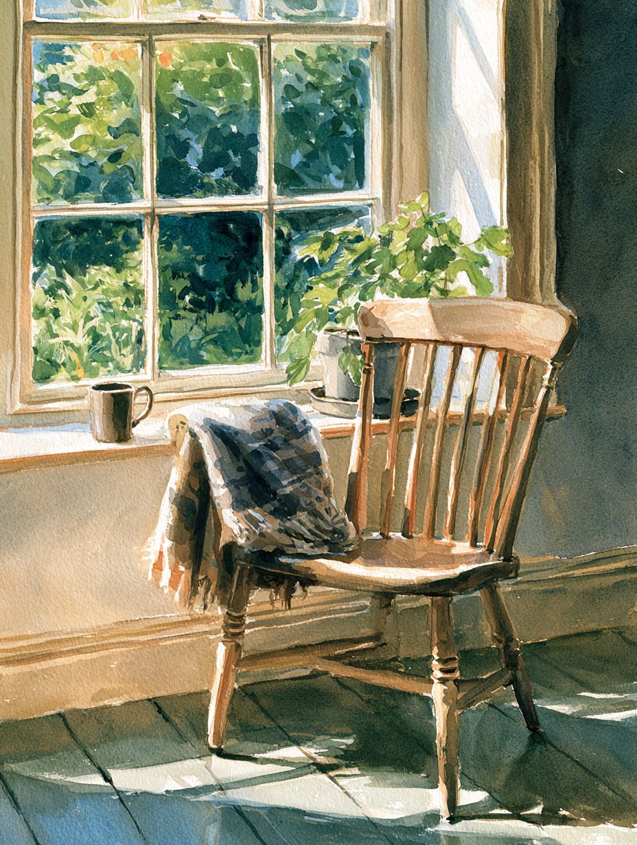 Painted illustration of an empty chair beside a sunlit window with a blanket and a mug
