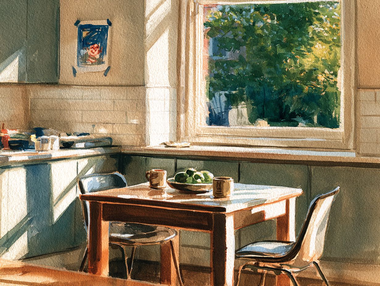 Painted illustration of a bright family kitchen with a child's crayon drawing taped to the wall