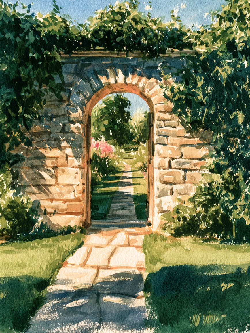 Painted illustration of a stone archway in a garden wall opening onto a green garden path