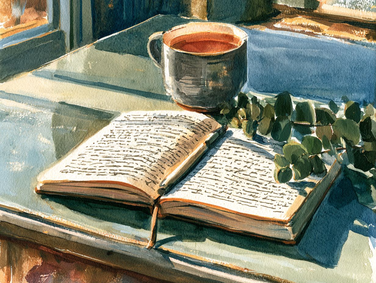 Painted illustration of an open journal, a pen, a mug of tea, and a sprig of eucalyptus on a table