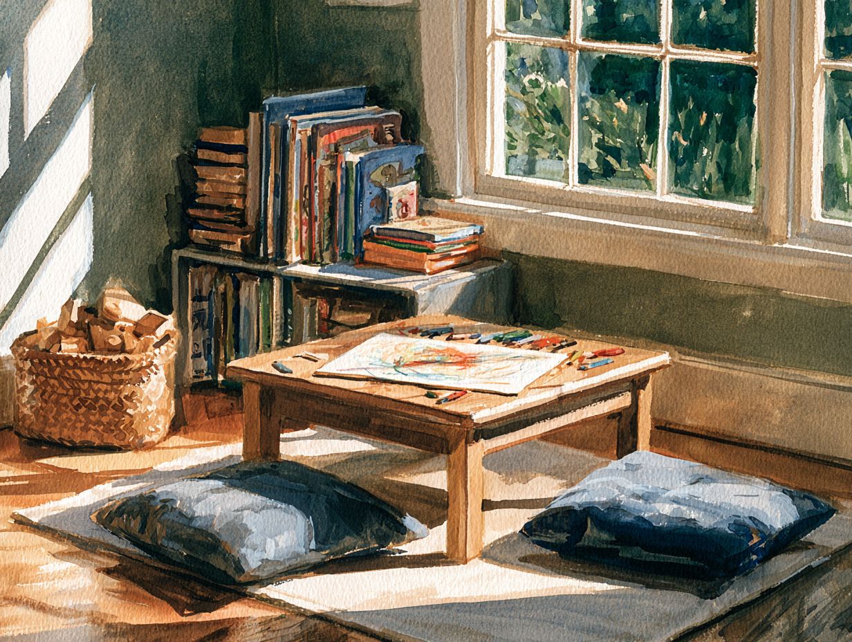 Painted illustration of a child's play corner with books, wooden blocks, and a half-finished crayon drawing